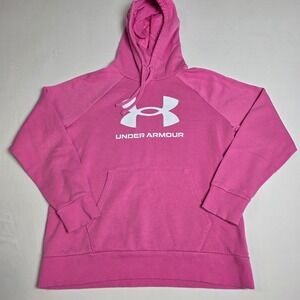 Under Armour Hoodie Womens Medium Pink Logo Pullover Raglan Fleece Sweatshirt